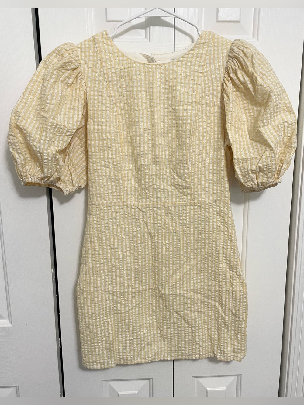 English Factory Pale Yellow Textured Puff-Sleeve Mini Dress